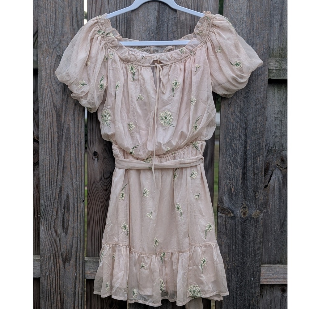 Womens g.p.d. CreamFloral Embroidered Mini Dress XS Excellent Boho Cottagecore